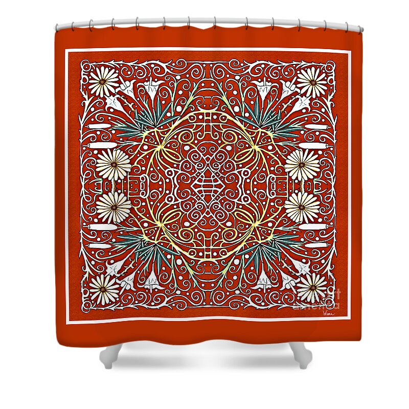 Lise Winne Shower Curtain featuring the mixed media Lilies and Daisies and White tubular Flowers on a Red Background square design for decor by Lise Winne
