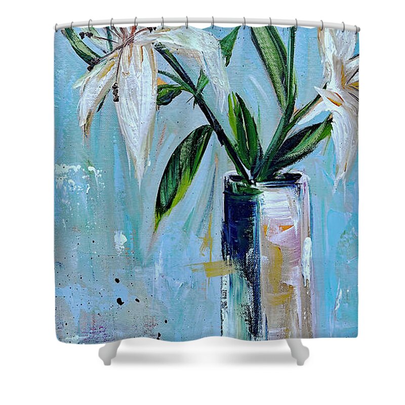 Lilies Shower Curtain featuring the painting Lilies in a Vase by Roxy Rich