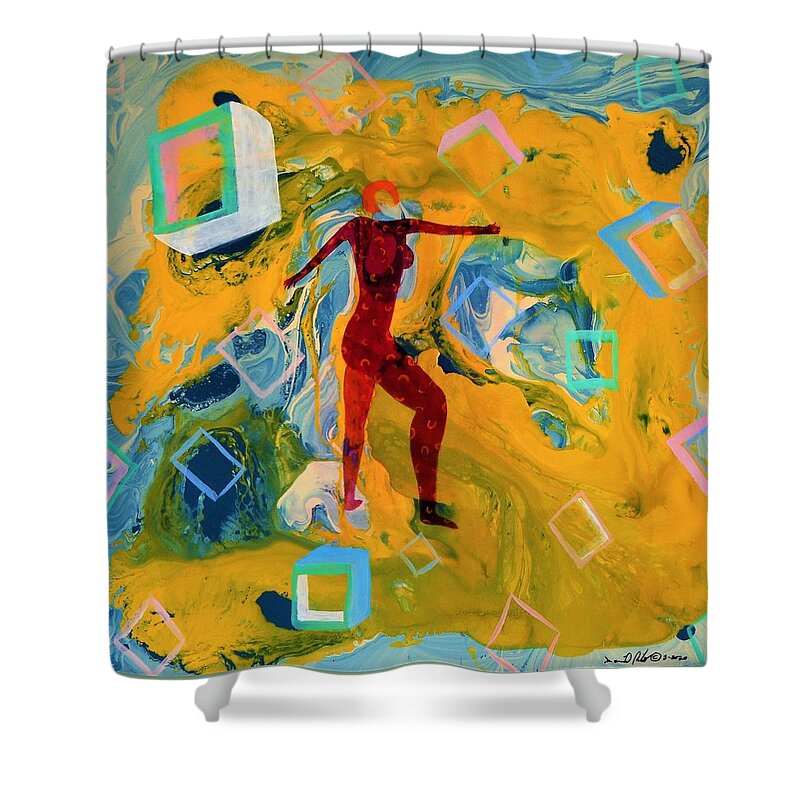 Lilly Romantic Model Nude Abstract Hollows Squares Posing Walking Designs Patterns Yellow Blue Orange Hair Arms Legs Stance Fantasy See-thru Performing Performance Solo Erotic Imagination Shower Curtain featuring the painting Lilly by David MINTZ