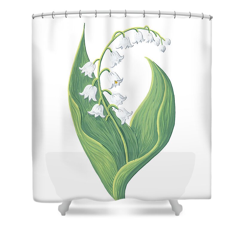Lily Of The Valley Shower Curtain featuring the painting Lily of the Valley May Birth Month Flower Botanical Print on White - Art by Jen Montgomery by Jen Montgomery