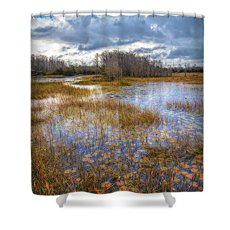 Marsh Shower Curtain featuring the photograph Lilypads in the Autumn Marsh Waters by Debra and Dave Vanderlaan