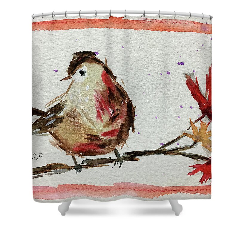 Grand Tit Shower Curtain featuring the painting Lincolns Sparrow on a Maple Branch by Roxy Rich