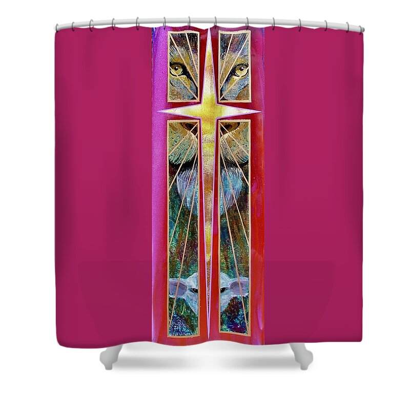 Christian Art Shower Curtain featuring the painting Lion and the Lamb by Alan Johnson