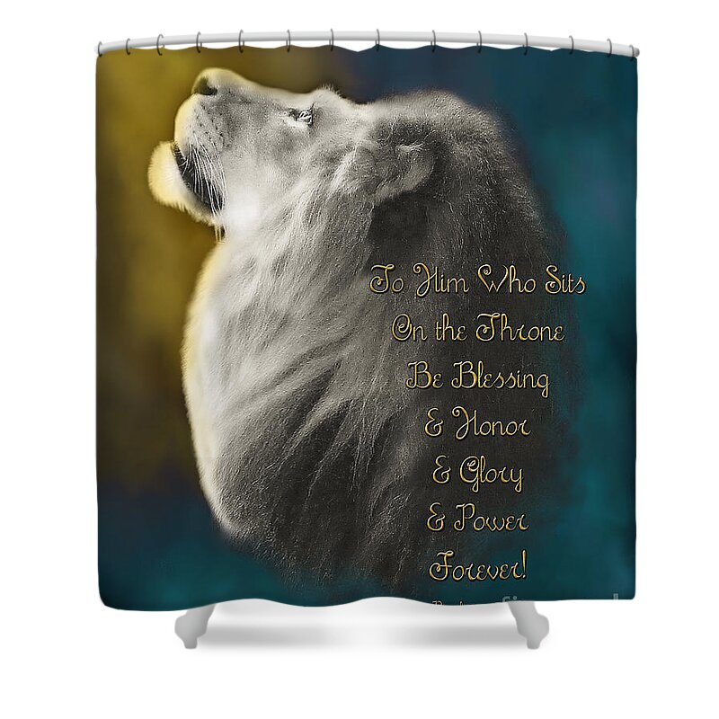 Lion; Judah; Worship; Prophetic; Revelation; Jesus; Christ; Throne; Adoration; Praise; Father; Abba; Lion Of Judah Art Shower Curtain featuring the painting Lion On The Throne in Aqua by Constance Woods
