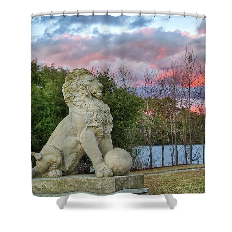 Lions Bridge Lions Shower Curtain featuring the photograph Lion Pastel Sunset by Jerry Gammon