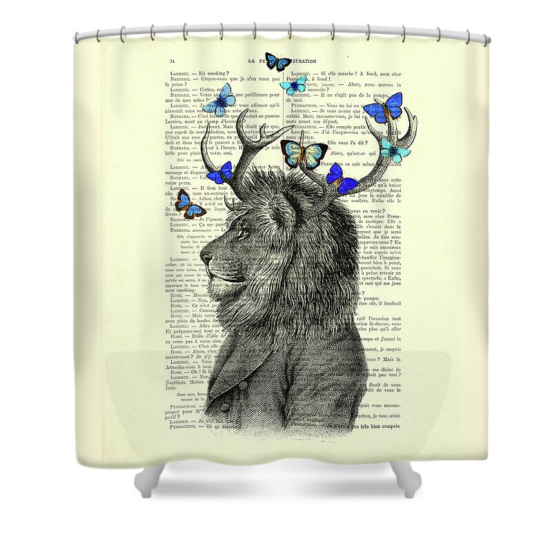 Lion Shower Curtain featuring the digital art Lion with antlers and blue butterflies by Madame Memento