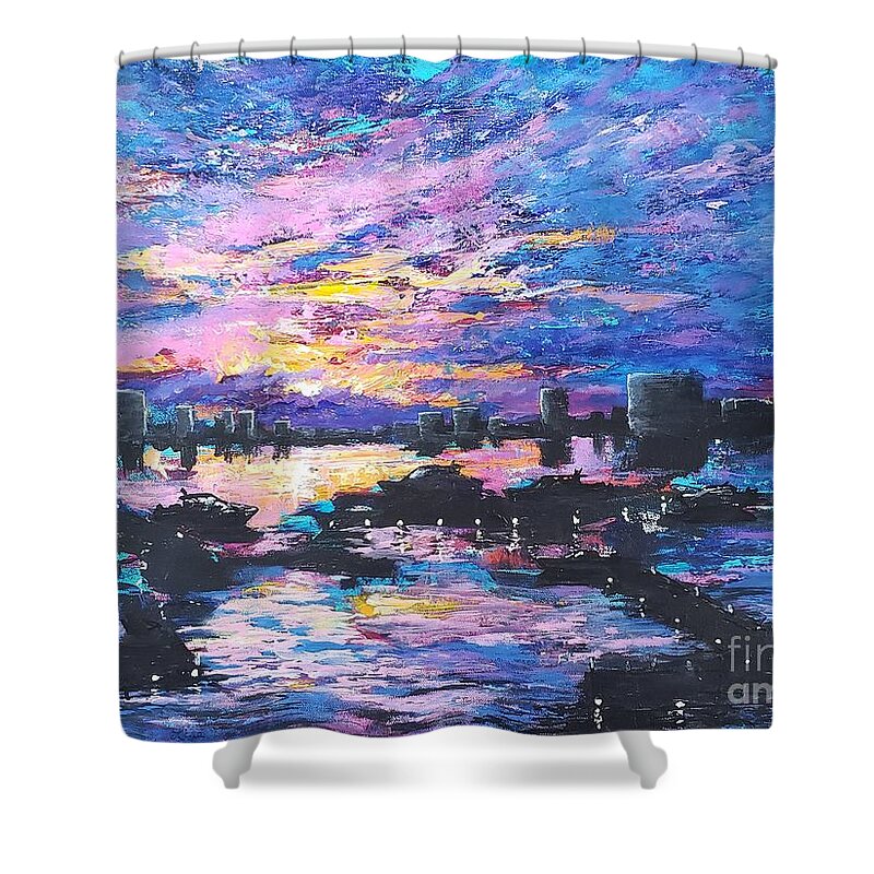 Sunset Shower Curtain featuring the painting Liquid Sunset by Lisa Debaets
