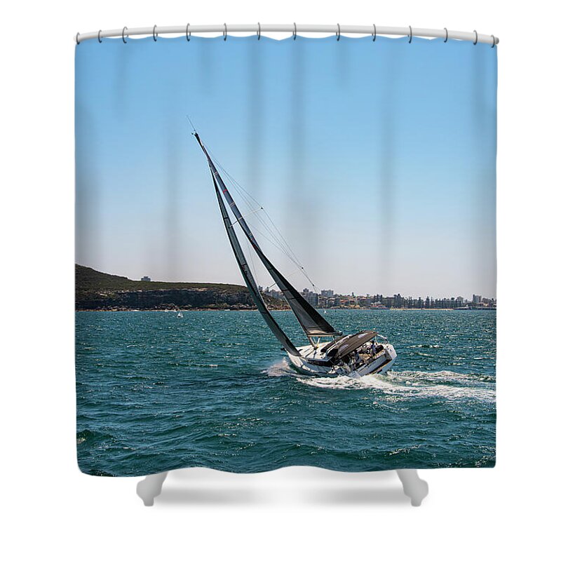 Sydney Shower Curtain featuring the photograph Listing Sailboat in Sydney Harbour by Bob Phillips