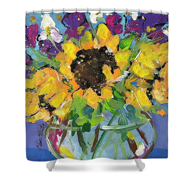 Sunflowers Shower Curtain featuring the painting Little bowl of Sunshine by Elaine Elliott