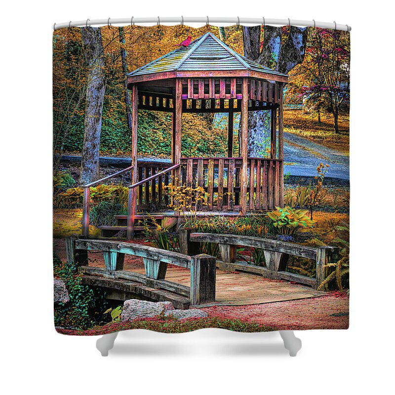 Barns Shower Curtain featuring the photograph Little Bridge at the Fall Garden Gazebo by Debra and Dave Vanderlaan