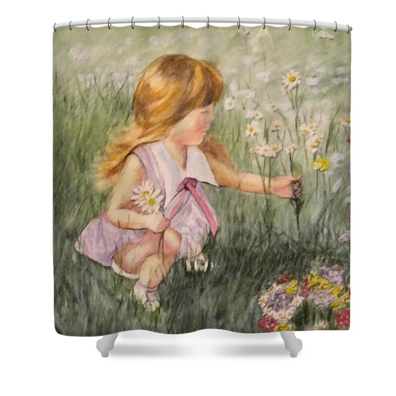 Little Girl Painting Shower Curtain featuring the mixed media Little Girl Picking Flowers by Kelly Mills