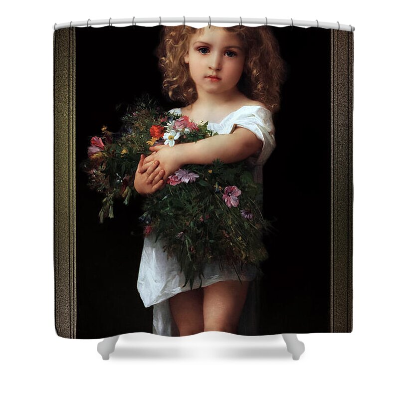 Little Girl With Flowers Shower Curtain featuring the painting Little Girl With Flowers by William-Adolphe Bouguereau by Rolando Burbon