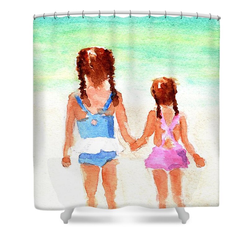 Little Sisters Shower Curtain featuring the painting Little Girls at the Beach by Carlin Blahnik CarlinArtWatercolor
