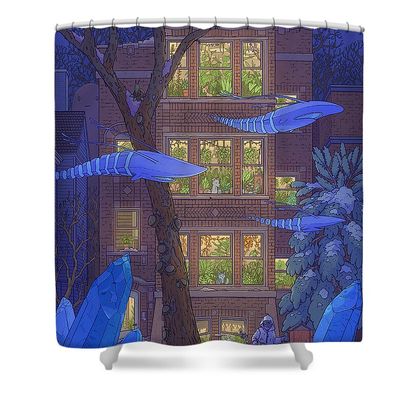 Night Shower Curtain featuring the digital art Little Library by EvanArt - Evan Miller