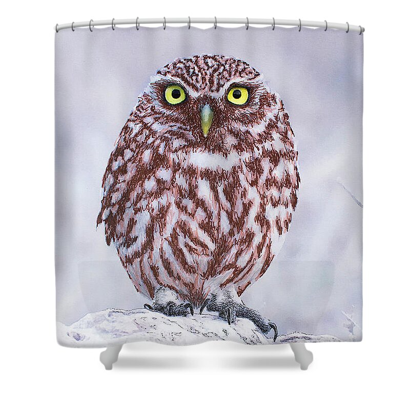 Little Owl Shower Curtain featuring the mixed media Little Owl, mixed media. by Tony Mills