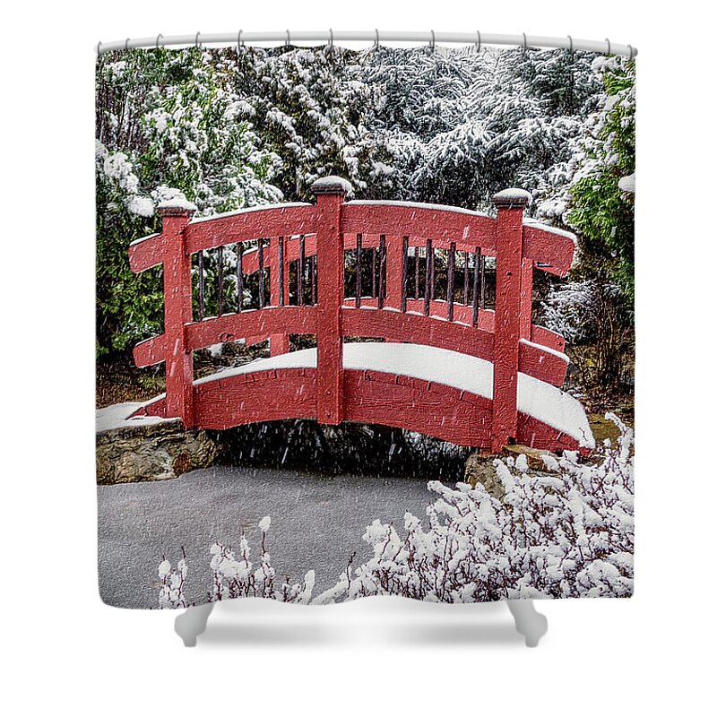 Bridge Shower Curtain featuring the photograph Little Red Bridge In The Snow by Jennifer White