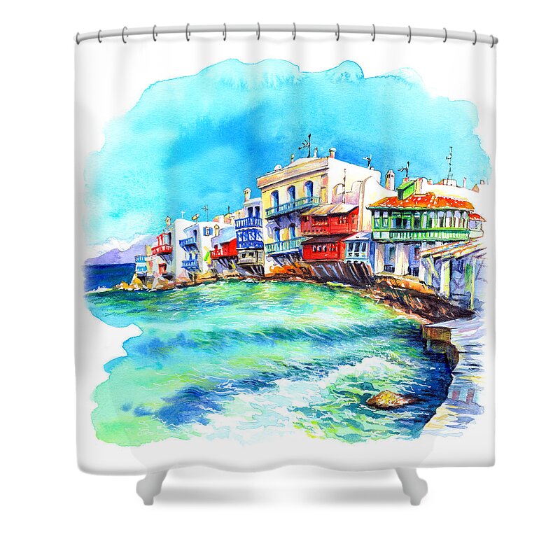 Little Venice Shower Curtain featuring the painting Little Venice on Island Mykonos by Miki De Goodaboom