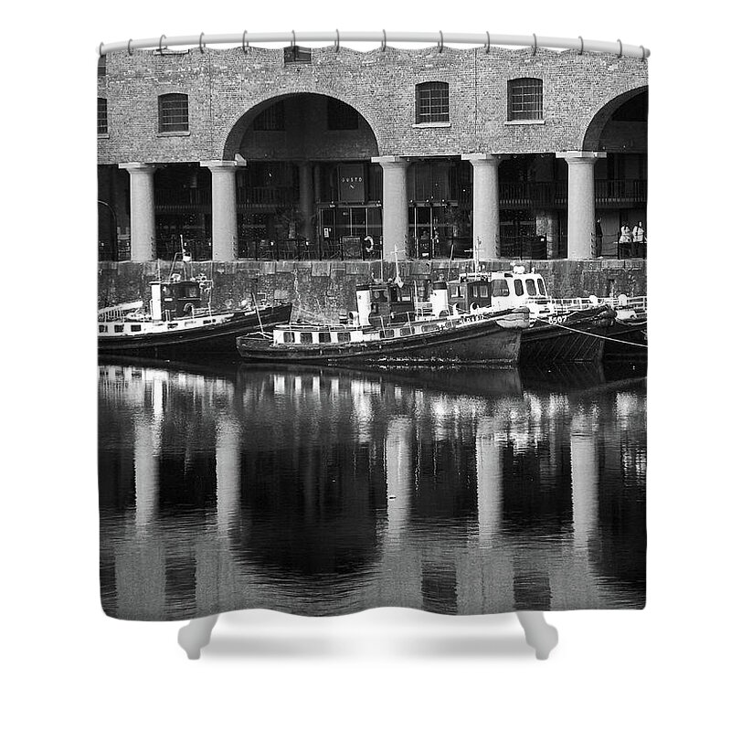 Liverpool Shower Curtain featuring the photograph LIVERPOOL. Albert Dock Moored Boats B. by Lachlan Main