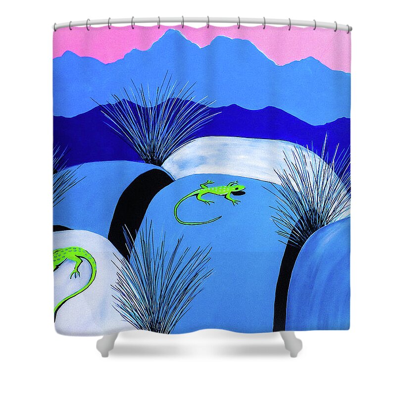 Southwest Shower Curtain featuring the painting Lizards at home by Ted Clifton