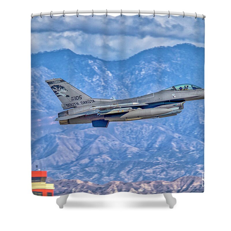 175th Fighter Squadron Lobos Shower Curtain featuring the photograph Lobos Launch by Frank Sellin