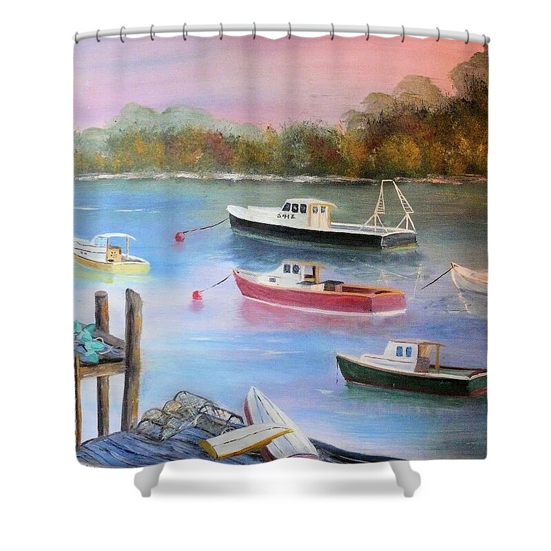 Lobster Boats Shower Curtain featuring the painting Lobster Boats  by Joel Smith