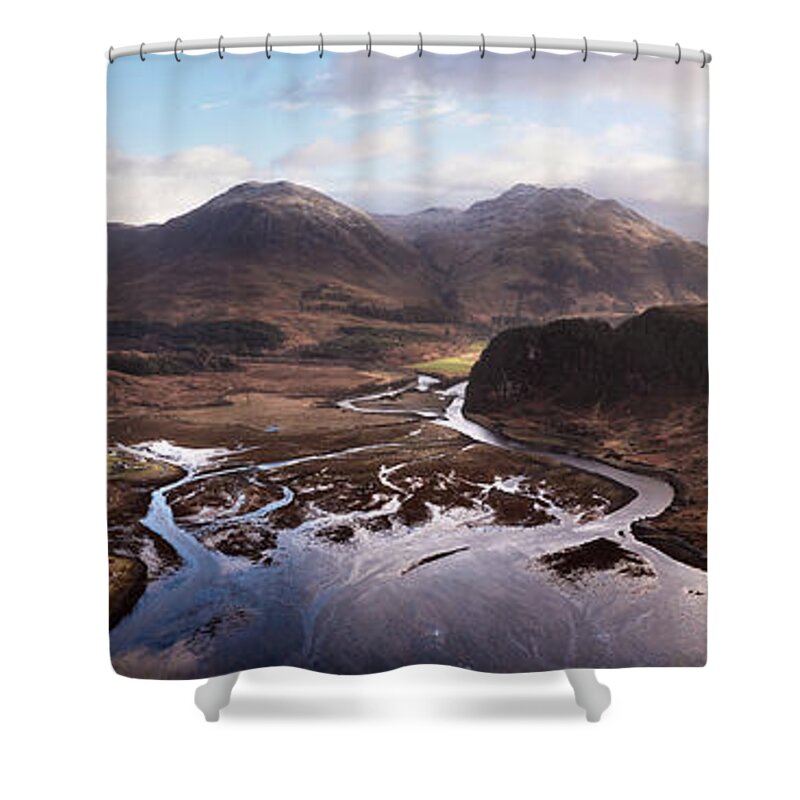 Panorama Shower Curtain featuring the photograph Loch Long Aerial Scottish highlands 2 by Sonny Ryse