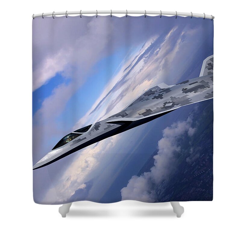 Lmt Shower Curtain featuring the digital art Lockheed LMT Raven II Vertical Climb by Custom Aviation Art