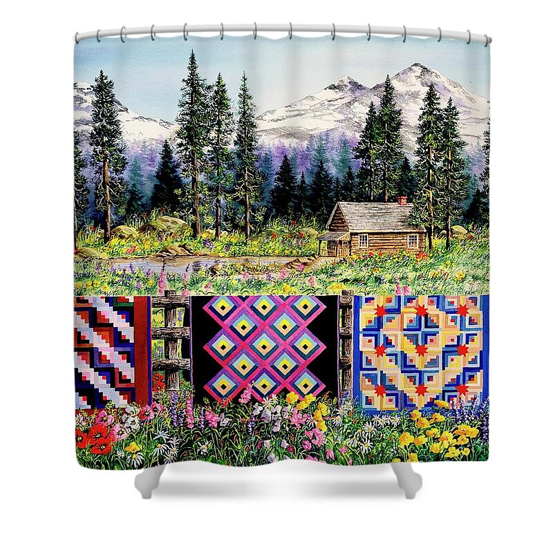 Mountains Shower Curtain featuring the painting Log Cabin Quilts by Diane Phalen