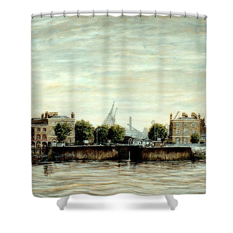 London Dock Shower Curtain featuring the painting London Dock Entrance Wapping London by Mackenzie Moulton