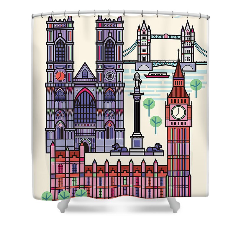 Travel Poster Shower Curtain featuring the digital art London Poster - Retro Travel by Jim Zahniser