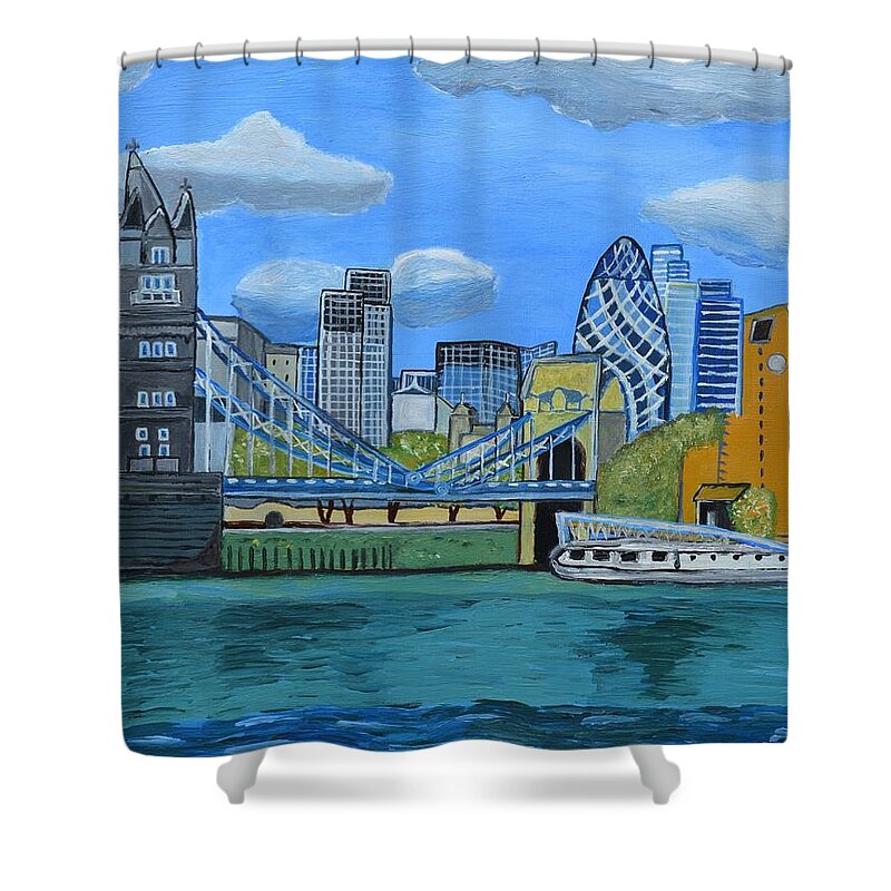 London Skyline Painting Poster Birthday Mum Photo Gallery Dad Holiday Summer Vacation Rentals Bridge Capital Card Puzzle Game Photos Landscape Design Artwork Blue Sea Water Globe London Bridge Boat Shower Curtain featuring the painting London Skyline by Magdalena Frohnsdorff