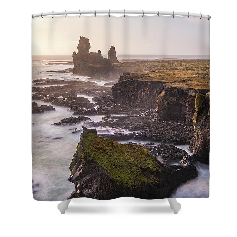 Londrangar Shower Curtain featuring the photograph Londrangar Basalt Cliffs in Iceland by Alexios Ntounas