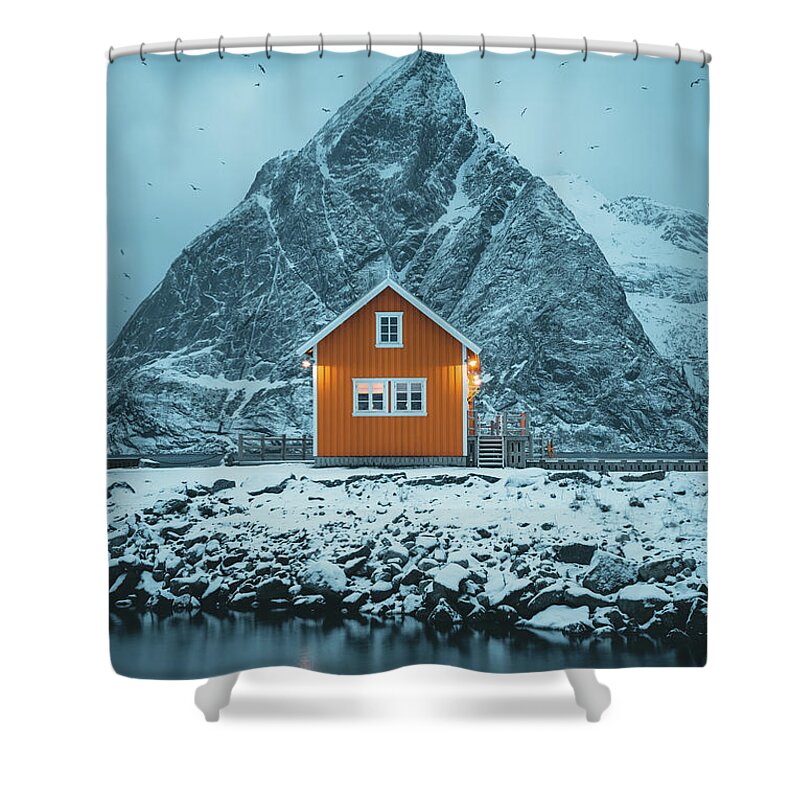 Lofoten Shower Curtain featuring the photograph Lone House by Henry w Liu