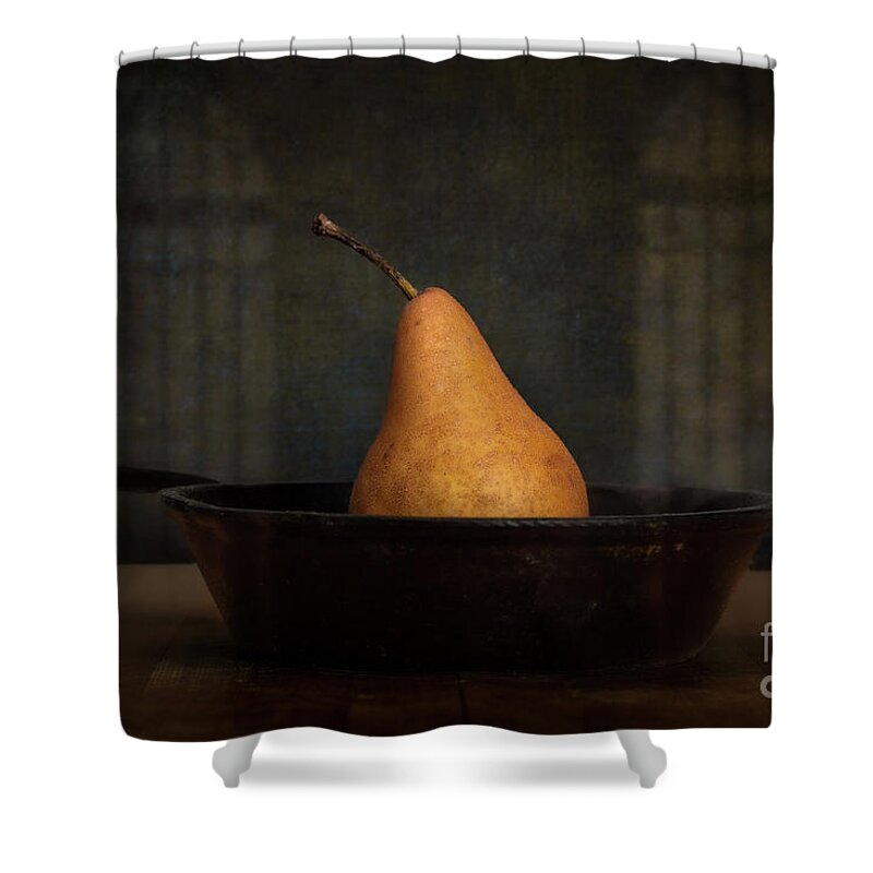Still Life Shower Curtain featuring the photograph Lone Pear in Cast Iron 1 by Jarrod Erbe