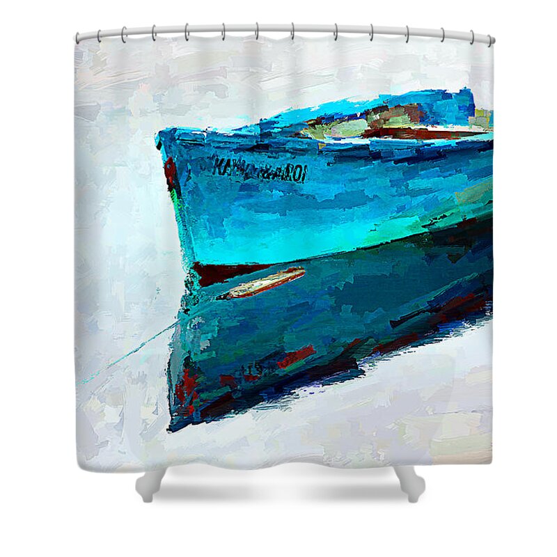 Lonely Shower Curtain featuring the mixed media Lonely boat floating - digital painting by Tatiana Travelways