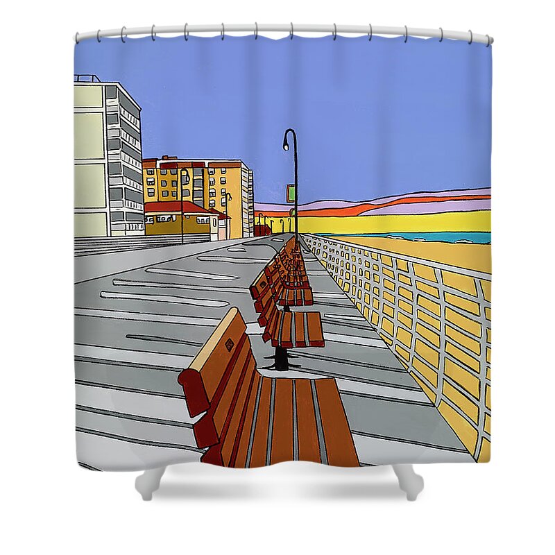 Long Beach Boardwalk Long Island Ocean Atlantic Shower Curtain featuring the painting Long Beach Boardwalk Sunrise by Mike Stanko