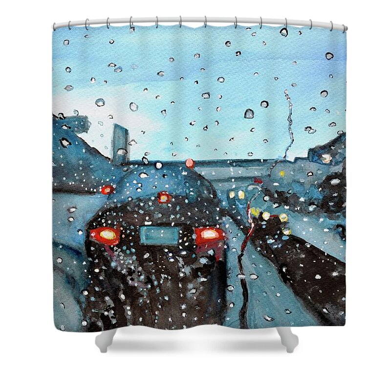 Rainy Shower Curtain featuring the painting Long drive on Highway romantic rainy painting by Manjiri Kanvinde