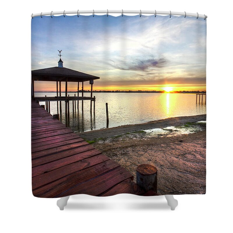 Clouds Shower Curtain featuring the photograph Long Sunset Dock by Debra and Dave Vanderlaan