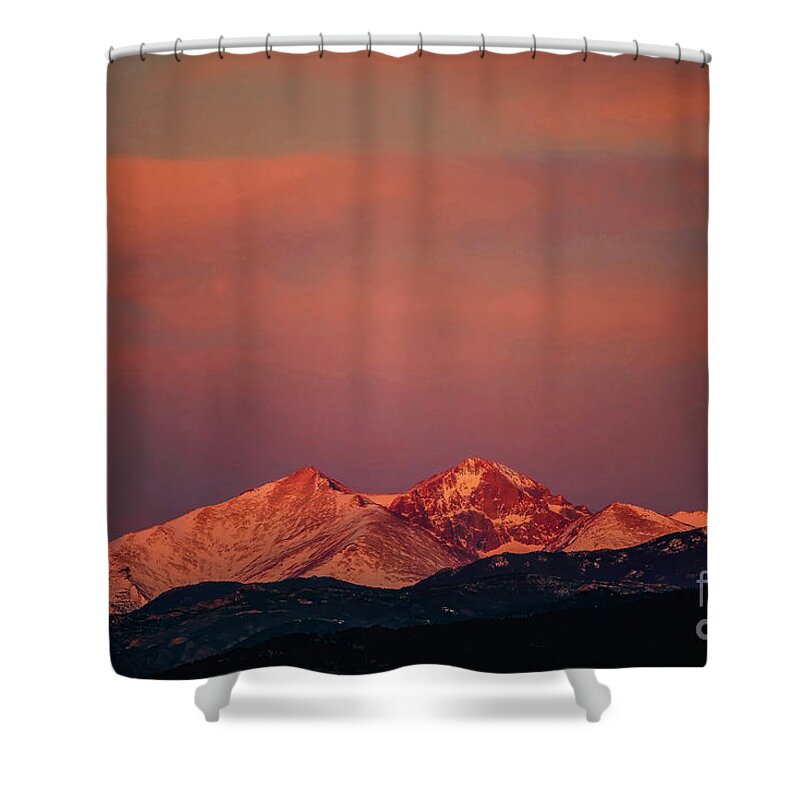 Jon Burch Shower Curtain featuring the photograph Longs Peak Breaking Dawn by Jon Burch Photography