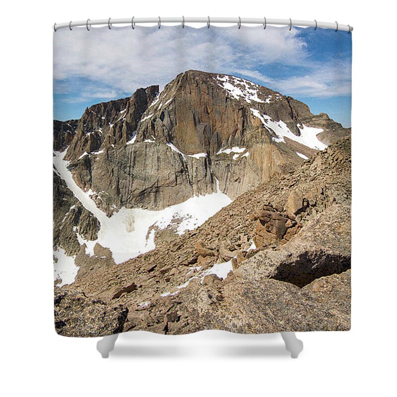 Longs Peak Shower Curtain featuring the photograph Longs Peak Diamond Panorama by Aaron Spong