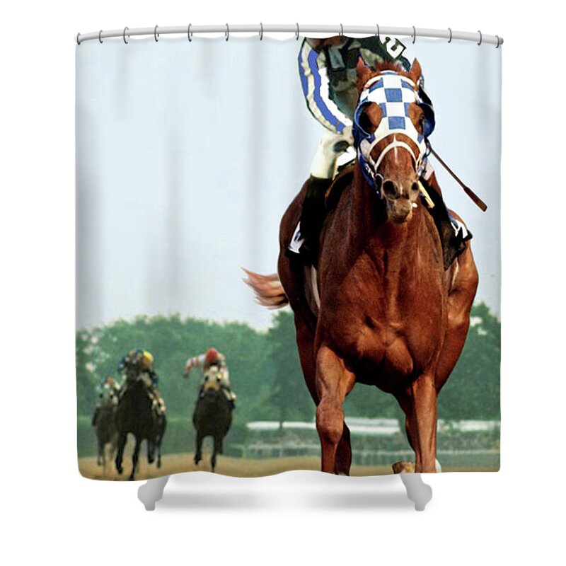 1 1/2 Mile Shower Curtain featuring the painting Looking Back, 1 1/2 mile Belmont Stakes Secretariat 06/09/73 time 2 24 - painting by Thomas Pollart