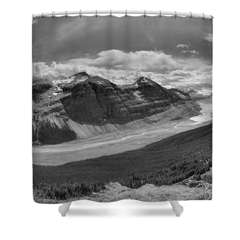 Parker Ridge Shower Curtain featuring the photograph Looking Out Over Parker Ridge Black And White by Adam Jewell