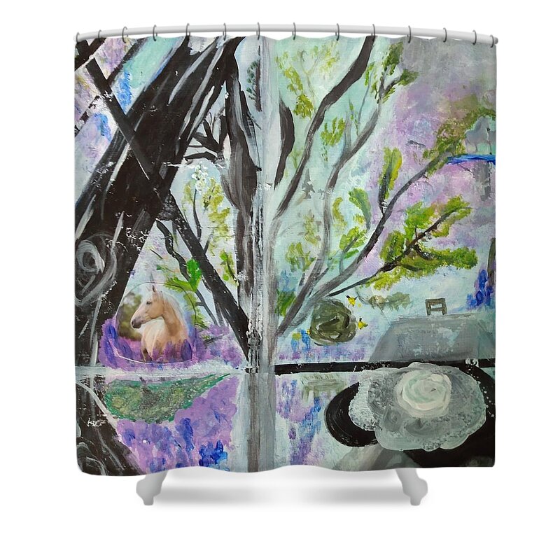 Backyard Shower Curtain featuring the mixed media Looking out the Sunroom by Suzanne Berthier