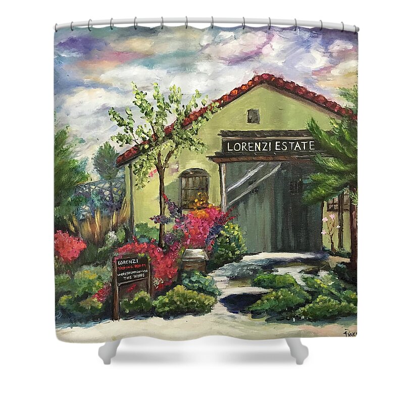 Lorenzi Shower Curtain featuring the painting Lorenzi Estate Winery by Roxy Rich