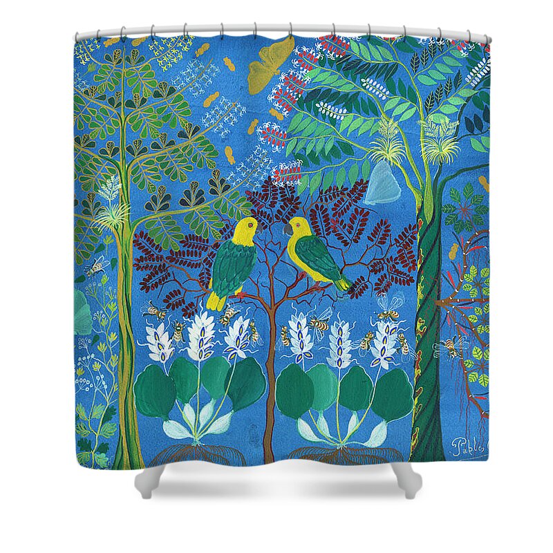 Parrots Shower Curtain featuring the painting Los Loros by Pablo Amaringo
