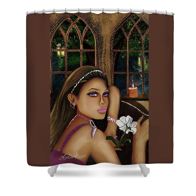 Girl Castle Whimsical Illustrative Purple Eyes Candles Shower Curtain featuring the mixed media Lost Innocence by Lorie Fossa