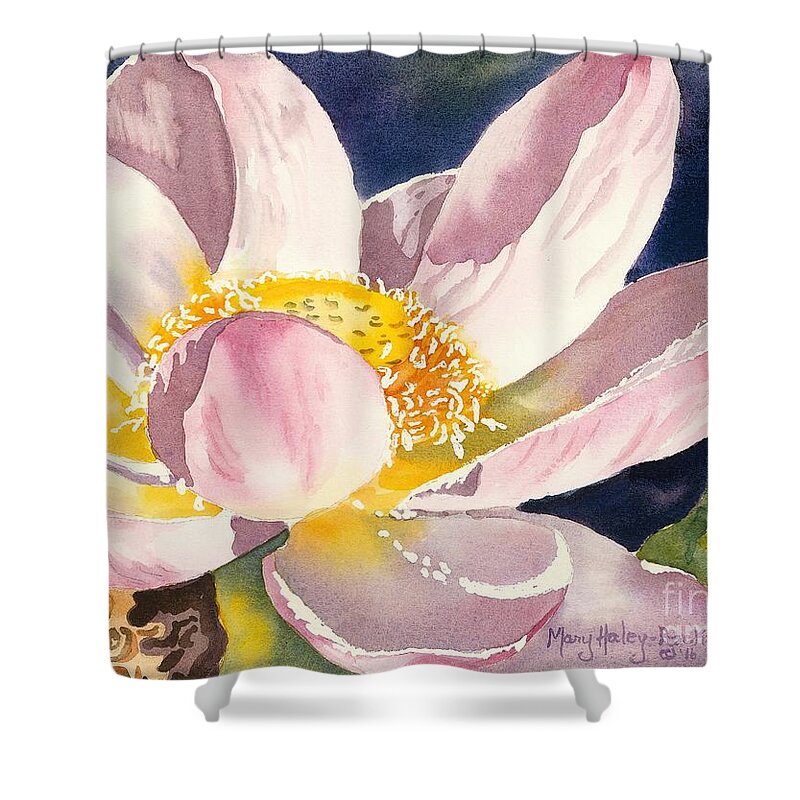 Lotus Shower Curtain featuring the painting Lotus Bloom by Mary Haley-Rocks