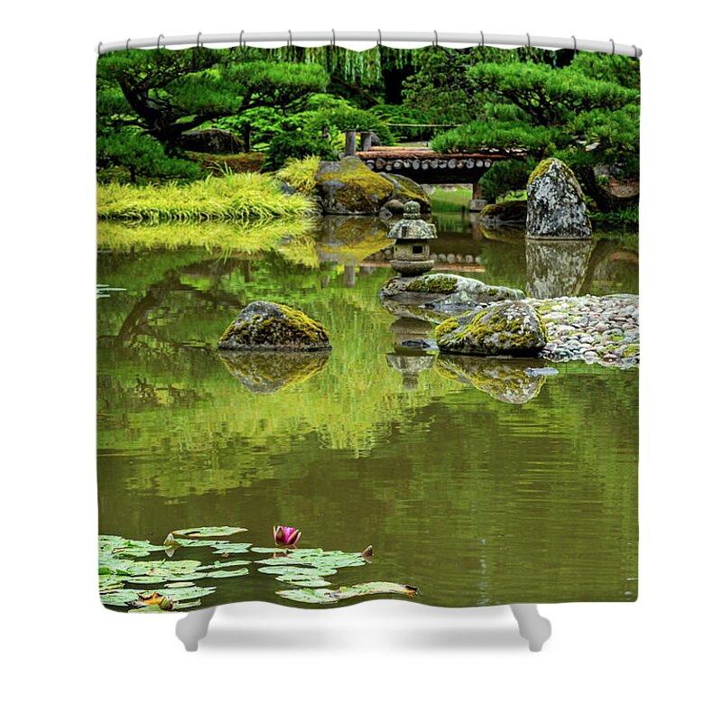 Outdoor; Summer; Japanese Garden; Seattle; City; Park; Water Lilies; Lotus; Pond; Shower Curtain featuring the digital art Lotus in Japanese Garden by Michael Lee