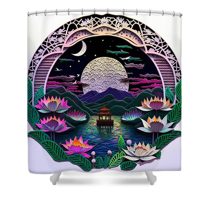 Paper Craft Shower Curtain featuring the mixed media Lotus Pier I by Jay Schankman