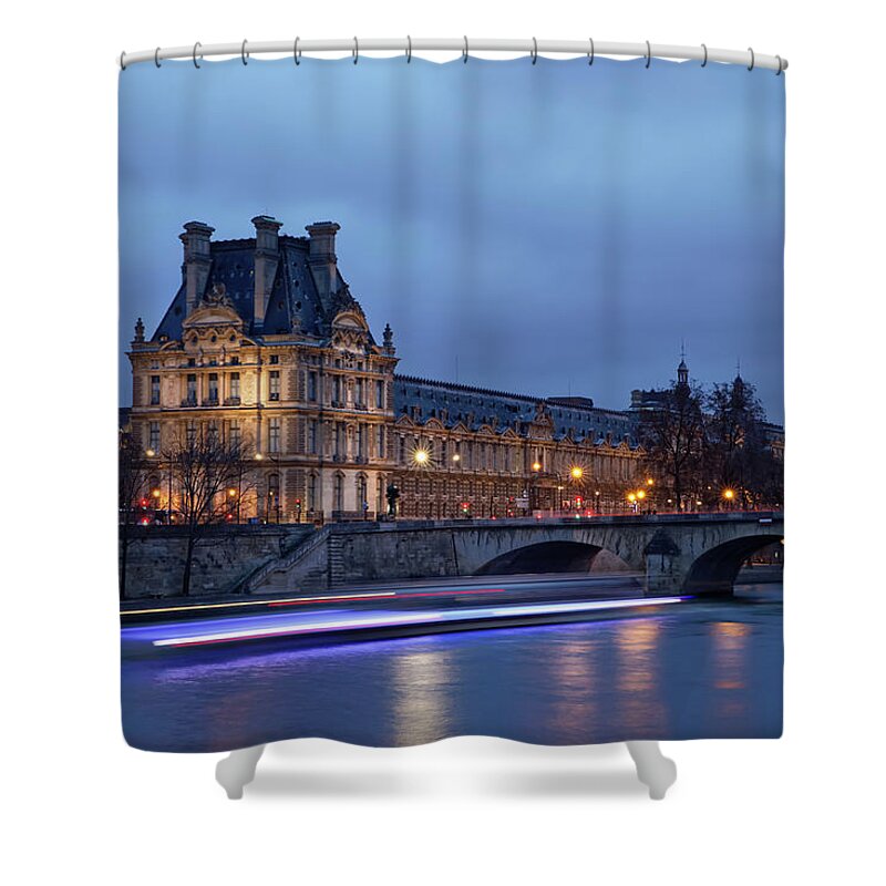 Architecture Shower Curtain featuring the photograph Louvre At Dusk by Jerome Labouyrie